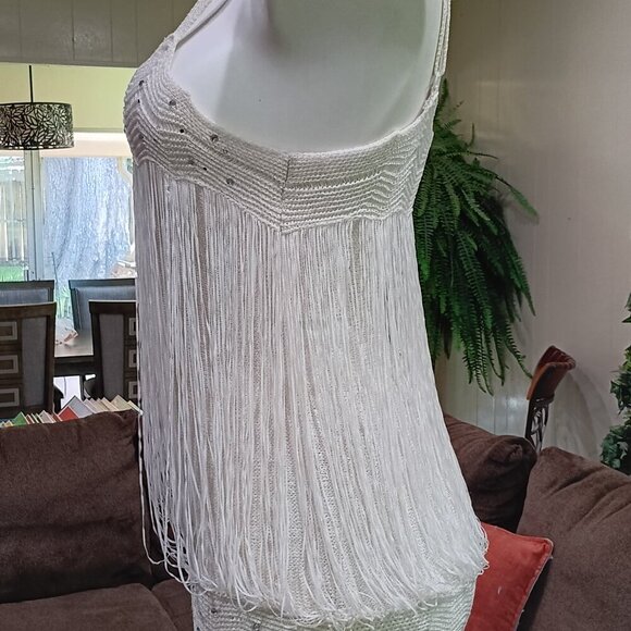 MKM Designs Ladies White Crochet Fringed Tank Top w/ Rhinestone Details Sz L - Picture 7 of 10